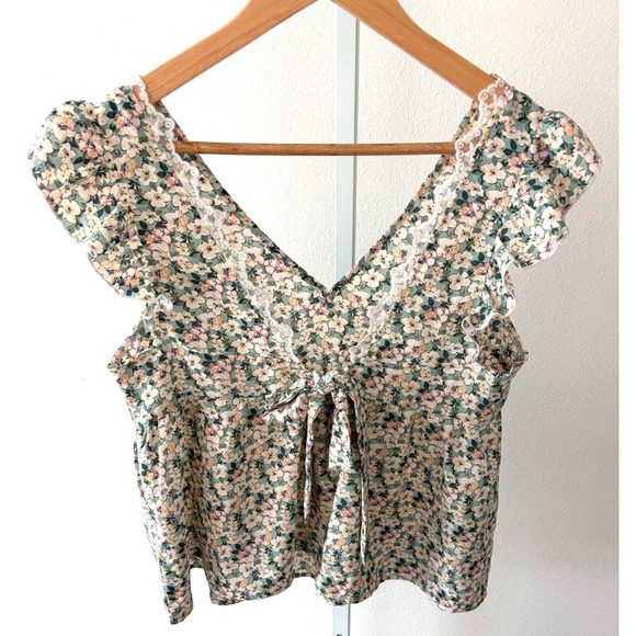 Sage Floral Babydoll Peplum Top Cottagecore Coquette Romantic Lace V Back Small - Picture 13 of 14